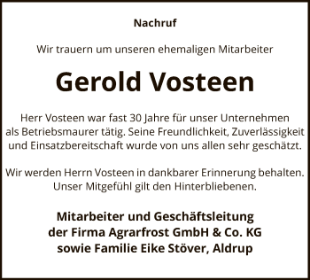 Todesanzeige von Gerold Vosteen von SYK
