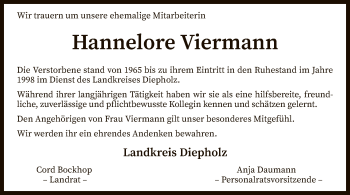 Todesanzeige von Hannelore Viermann von SYK
