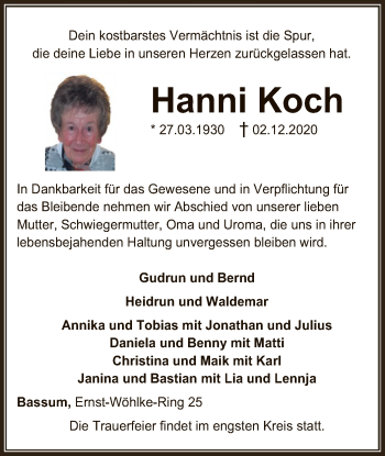 Todesanzeige von Hanni Koch von SYK