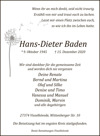 Todesanzeige von Hans-Dieter Baden von SYK