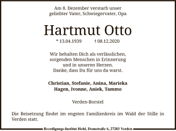 Todesanzeige von Hartmut Otto von SYK