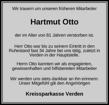 Todesanzeige von Hartmut Otto von SYK