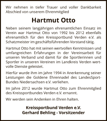 Todesanzeige von Hartmut Otto von SYK