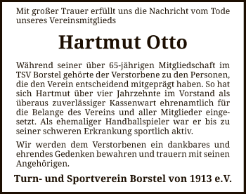 Todesanzeige von Hartmut Otto von SYK