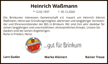 Todesanzeige von Heinrich Waßmann von SYK