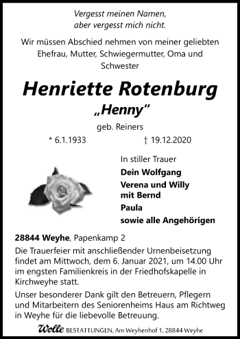 Todesanzeige von Henriette Rotenburg von SYK