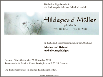 Todesanzeige von Hildegard Müller von SYK