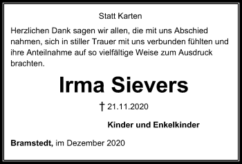 Todesanzeige von Irma Sievers von SYK
