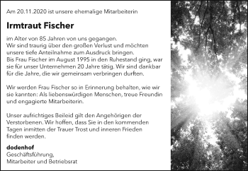 Todesanzeige von Irmtraut Fischer von SYK
