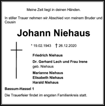 Todesanzeige von Johann Niehaus von SYK