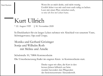 Todesanzeige von Kurt Ullrich von SYK