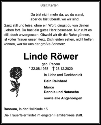 Todesanzeige von Linde Röwer von SYK