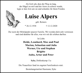 Todesanzeige von Luise Alpers von SYK