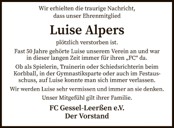 Todesanzeige von Luise Alpers von SYK