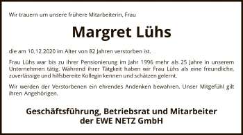 Todesanzeige von Margret Lühs von SYK