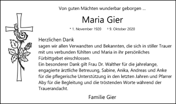 Todesanzeige von Maria Gier von SYK