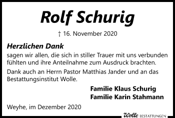 Todesanzeige von Rolf Schurig von SYK