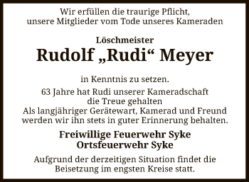 Todesanzeige von Rudolf  Meyer von SYK