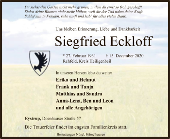 Todesanzeige von Siegfried Eckloff von SYK