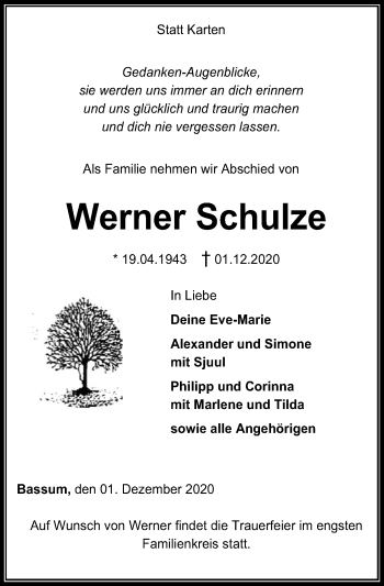 Todesanzeige von Werner Schulze von SYK
