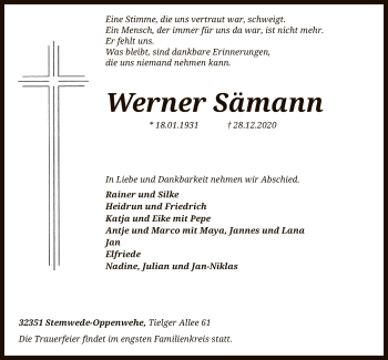Todesanzeige von Werner Sämann von SYK