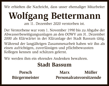 Todesanzeige von Wolfgang Bettermann von SYK