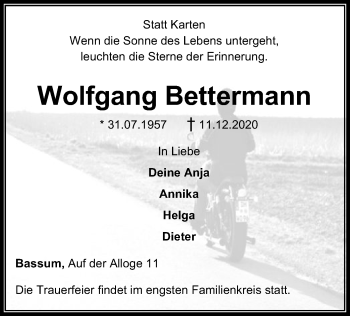 Todesanzeige von Wolfgang Bettermann von SYK