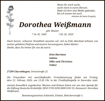 Todesanzeige von Dorothea Weißmann von SYK
