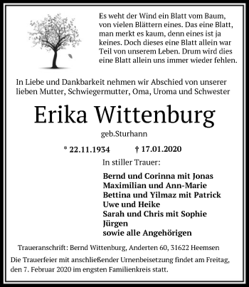 Todesanzeige von Erika Wittenburg von SYK