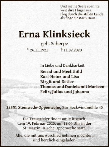 Todesanzeige von Erna Klinksieck von SYK