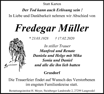 Todesanzeige von Fredegar Müller von SYK