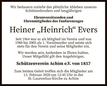 Todesanzeige von Heiner Evers von SYK