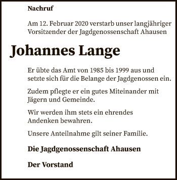 Todesanzeige von Johannes Lange von SYK