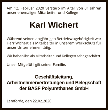 Todesanzeige von Karl Wichert von SYK
