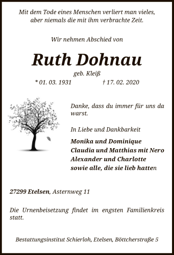 Todesanzeige von Ruth Dohnau von SYK