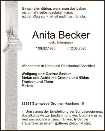 Todesanzeige von Anita Becker von SYK