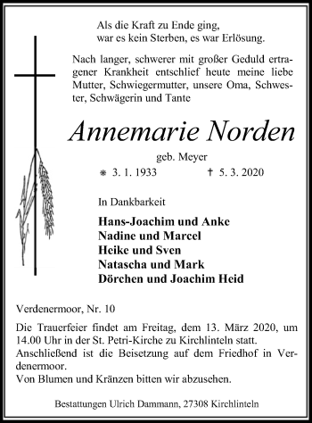 Todesanzeige von Annemarie Norden von SYK