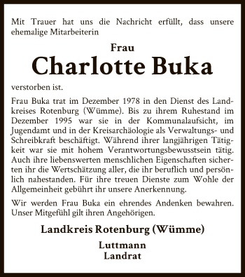 Todesanzeige von Charlotte Buka von SYK