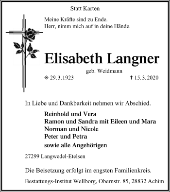 Todesanzeige von Elisabeth Langner von SYK
