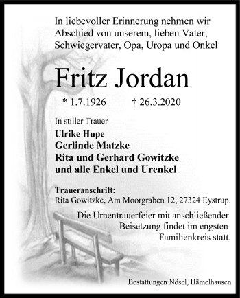 Todesanzeige von Fritz Jordan von SYK