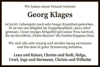Todesanzeige von Georg Klages von SYK
