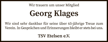 Todesanzeige von Georg Klages von SYK