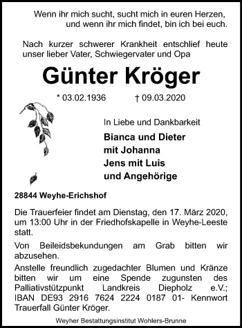 Todesanzeige von Günter Kröger von SYK