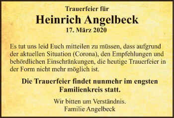 Todesanzeige von Heinrich Angelbeck von SYK