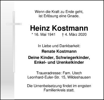 Todesanzeige von Heinz Kostmann von SYK