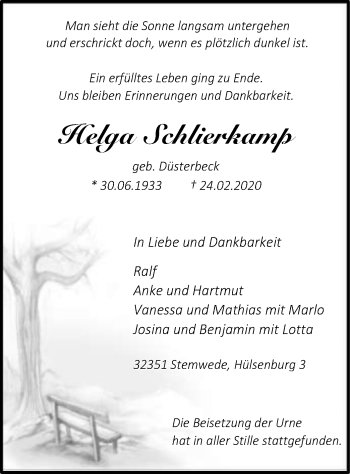 Todesanzeige von Helga Schlierkamp von SYK