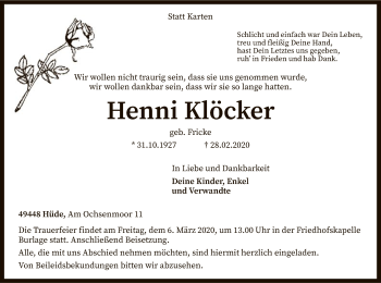Todesanzeige von Henni Klöcker von SYK