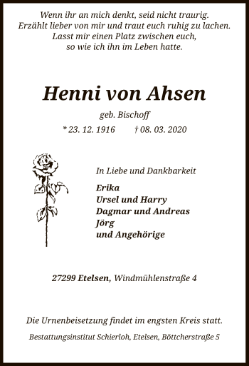 Todesanzeige von Henni von Ahsen von SYK