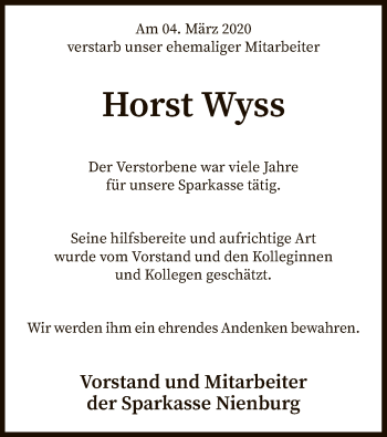Todesanzeige von Horst Wyss von SYK