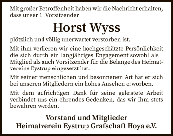 Todesanzeige von Horst Wyss von SYK